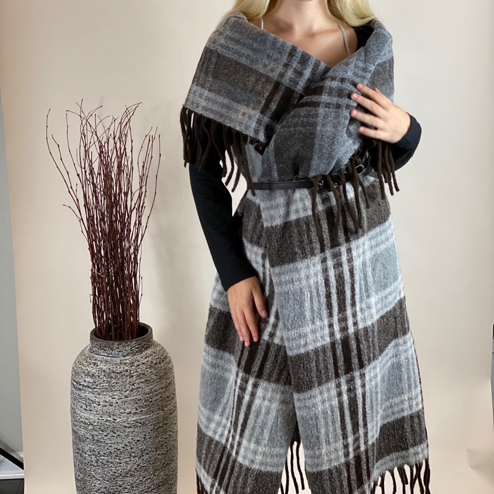 Parallel Universe Plaid Fringe Edge Cape Coat